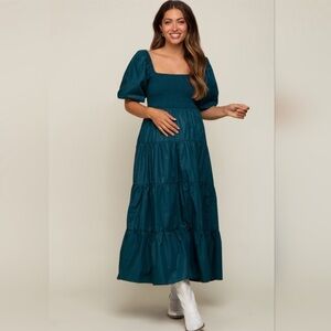 Entro Maternity Dark Teal Tiered Puff Sleeve Maxi Dress